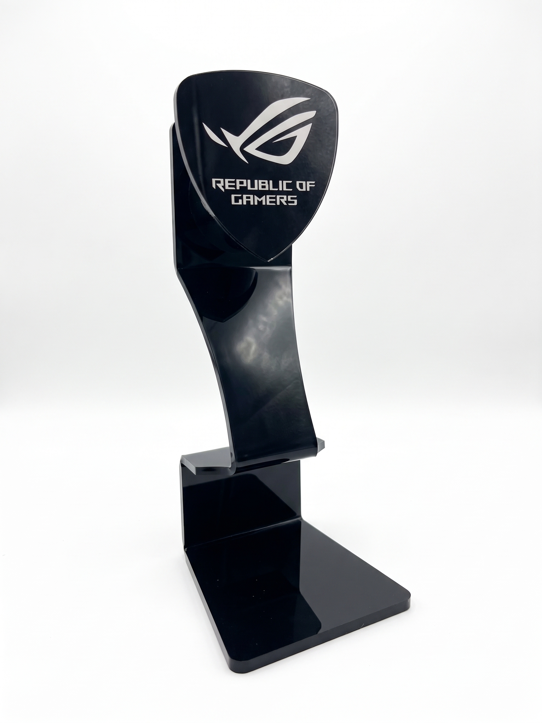 Glossy Black Acrylic Headset Display Stand, Hot Bent Acrylic Gaming Headphone Holder with UV Logo Print