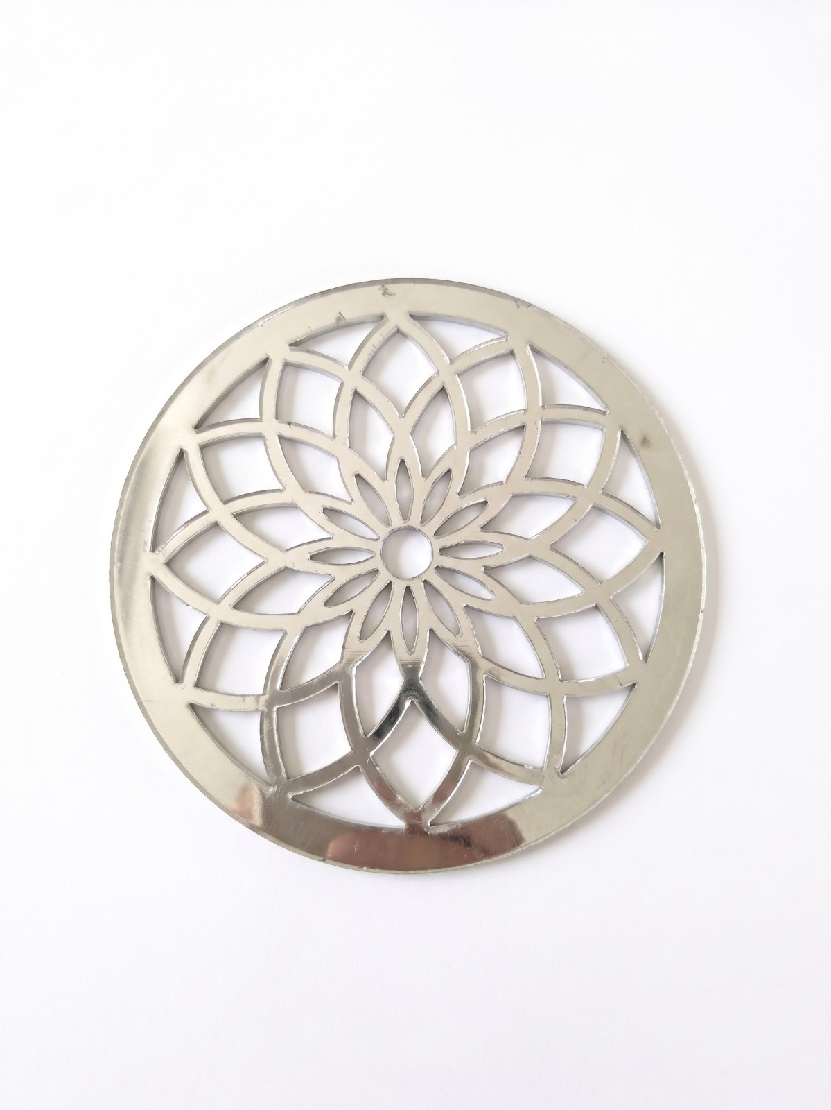Mirror Silver Acrylic Mandala Cutout Disc, Laser Engraved Hollow Floral Round Decorative Plate